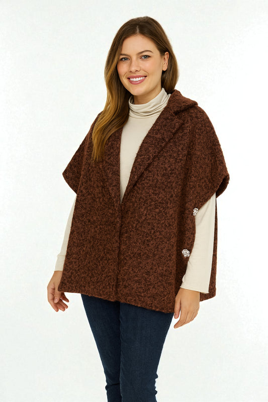 Women's Textured Wool Sleeveless Cape Jacket with Side Buttons