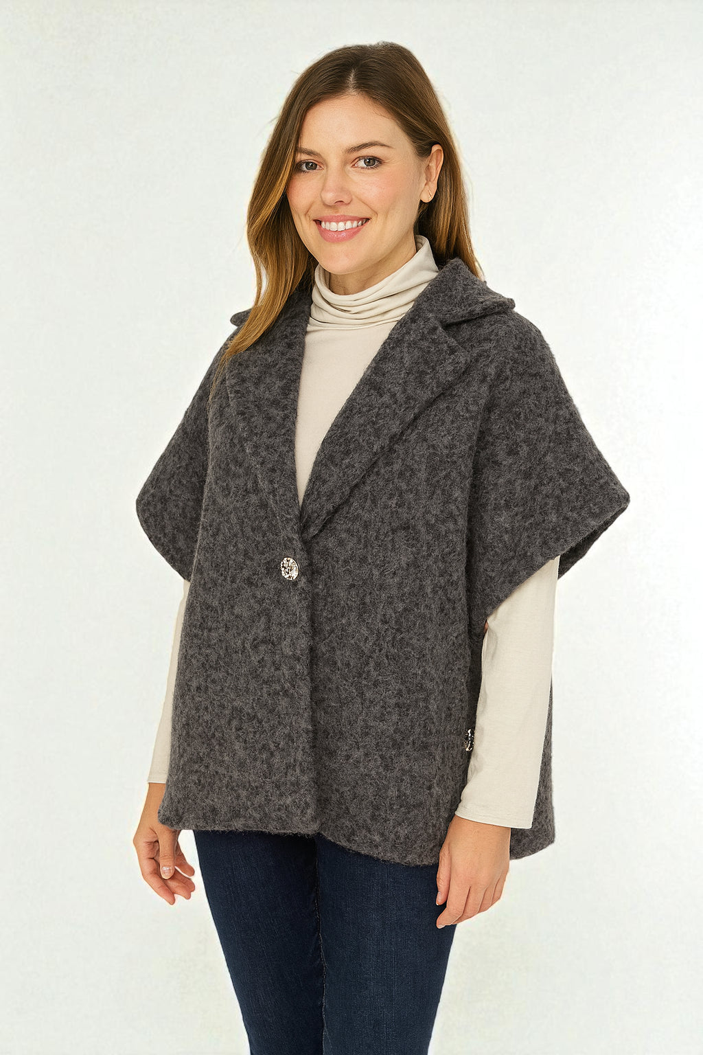 Women's Textured Wool Sleeveless Cape Jacket with Side Buttons