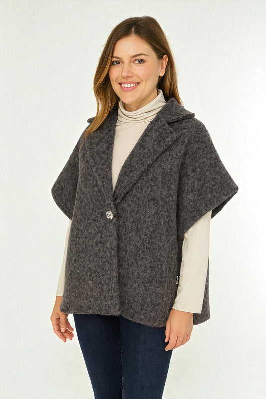 Women's Textured Wool Sleeveless Cape Jacket with Side Buttons