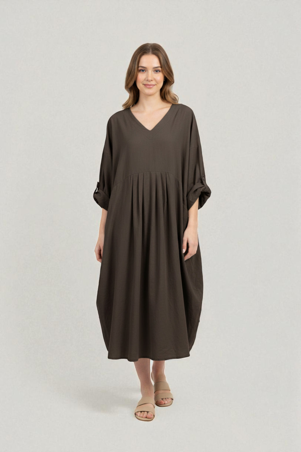 Made in Italy V Neck Corduroy Pleat Dress