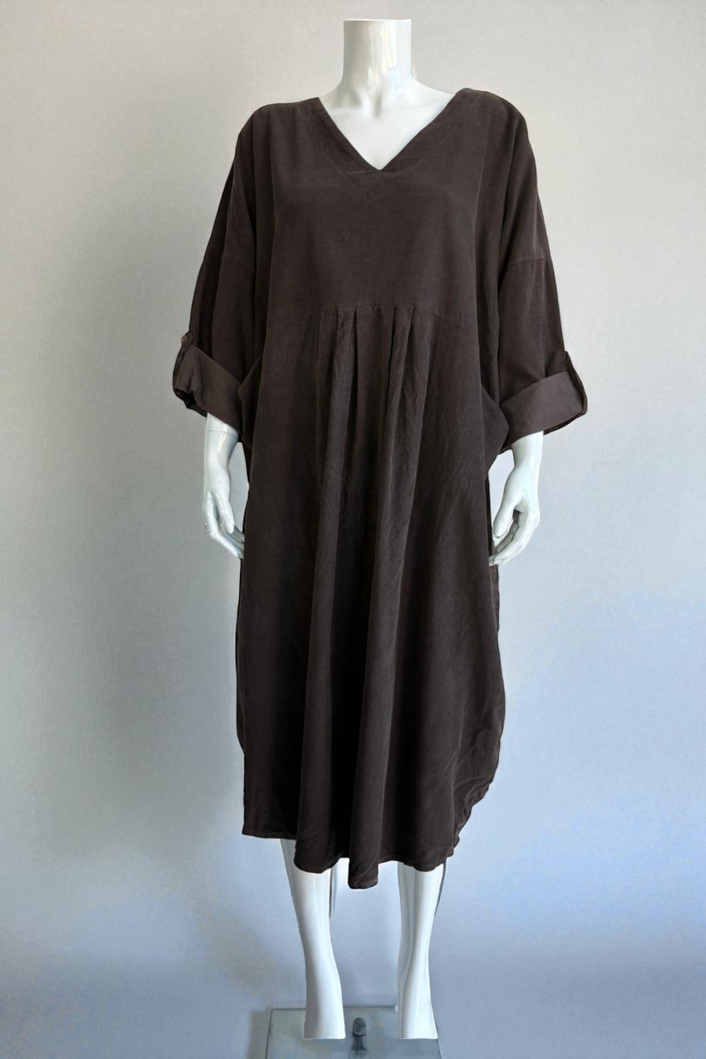 Made in Italy V Neck Corduroy Pleat Dress