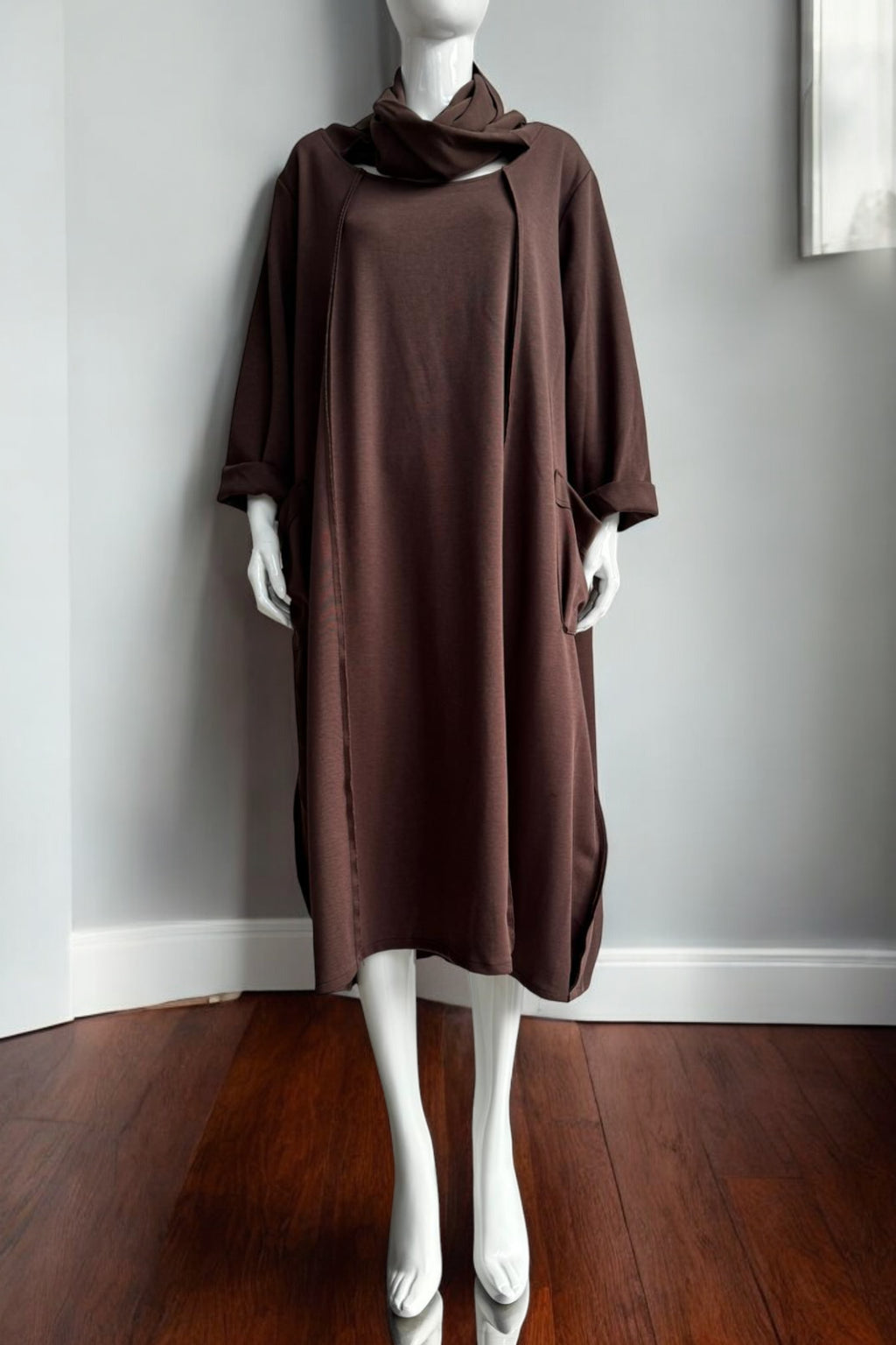 Oversized Long-Sleeve Casual Midi Dress with Cowl Neck