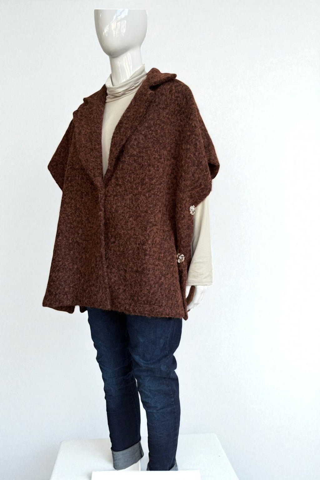 Women's Textured Wool Sleeveless Cape Jacket with Side Buttons