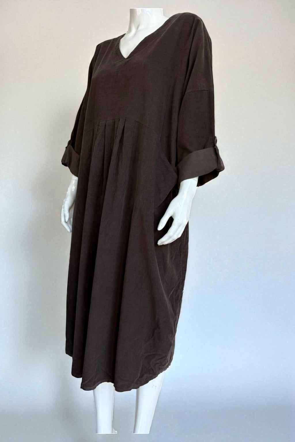 Made in Italy V Neck Corduroy Pleat Dress