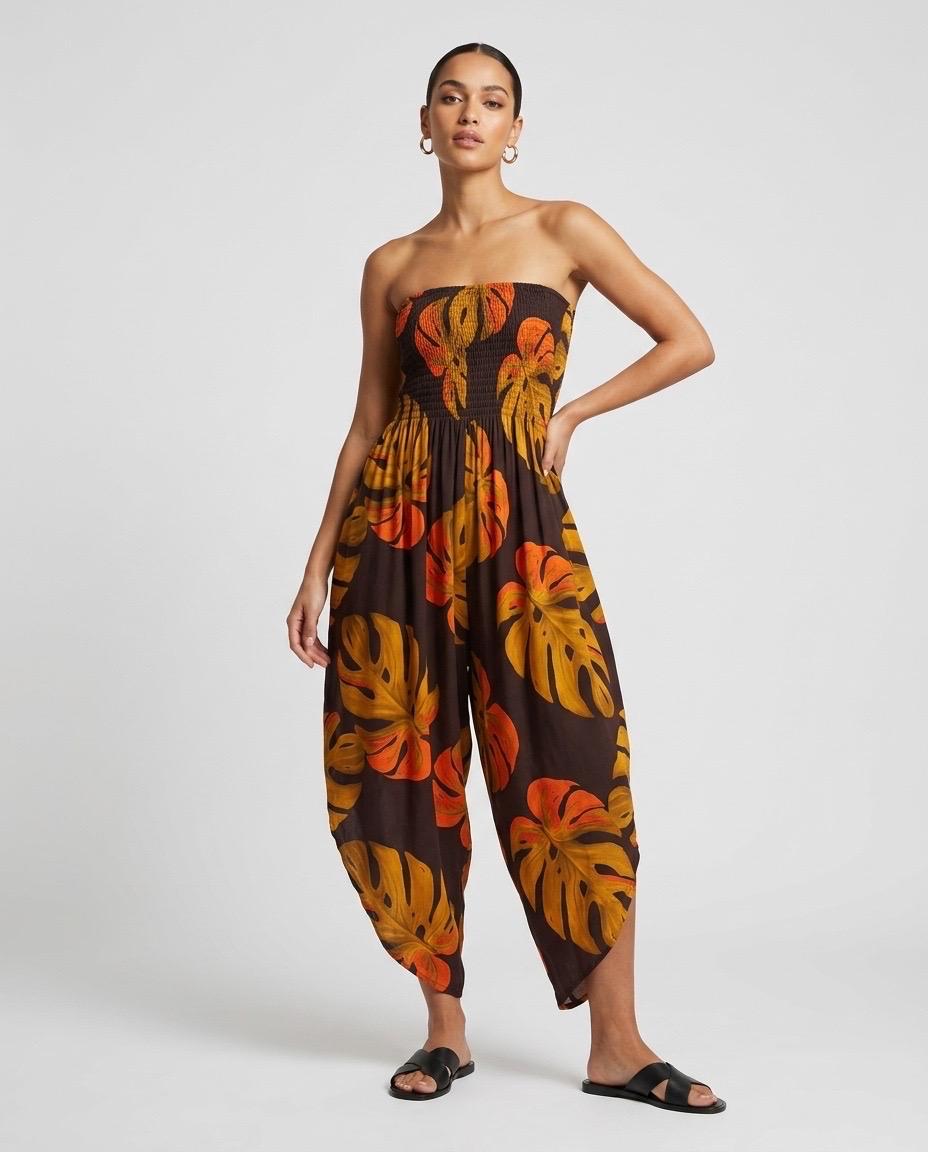 Shirred Elastic Bandeau Leaf Print Jumpsuit