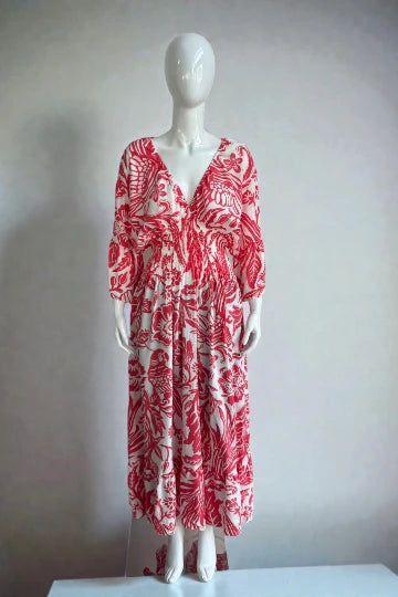 V- Neck Shirred Elastic Printed Dress