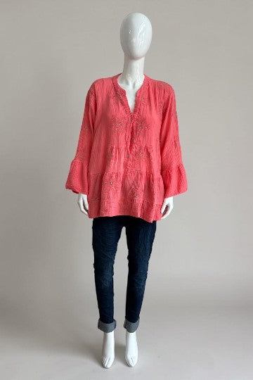 Made in Italy Waffle Cotton Embroided Smock Top