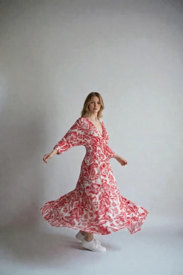 V- Neck Shirred Elastic Printed Dress