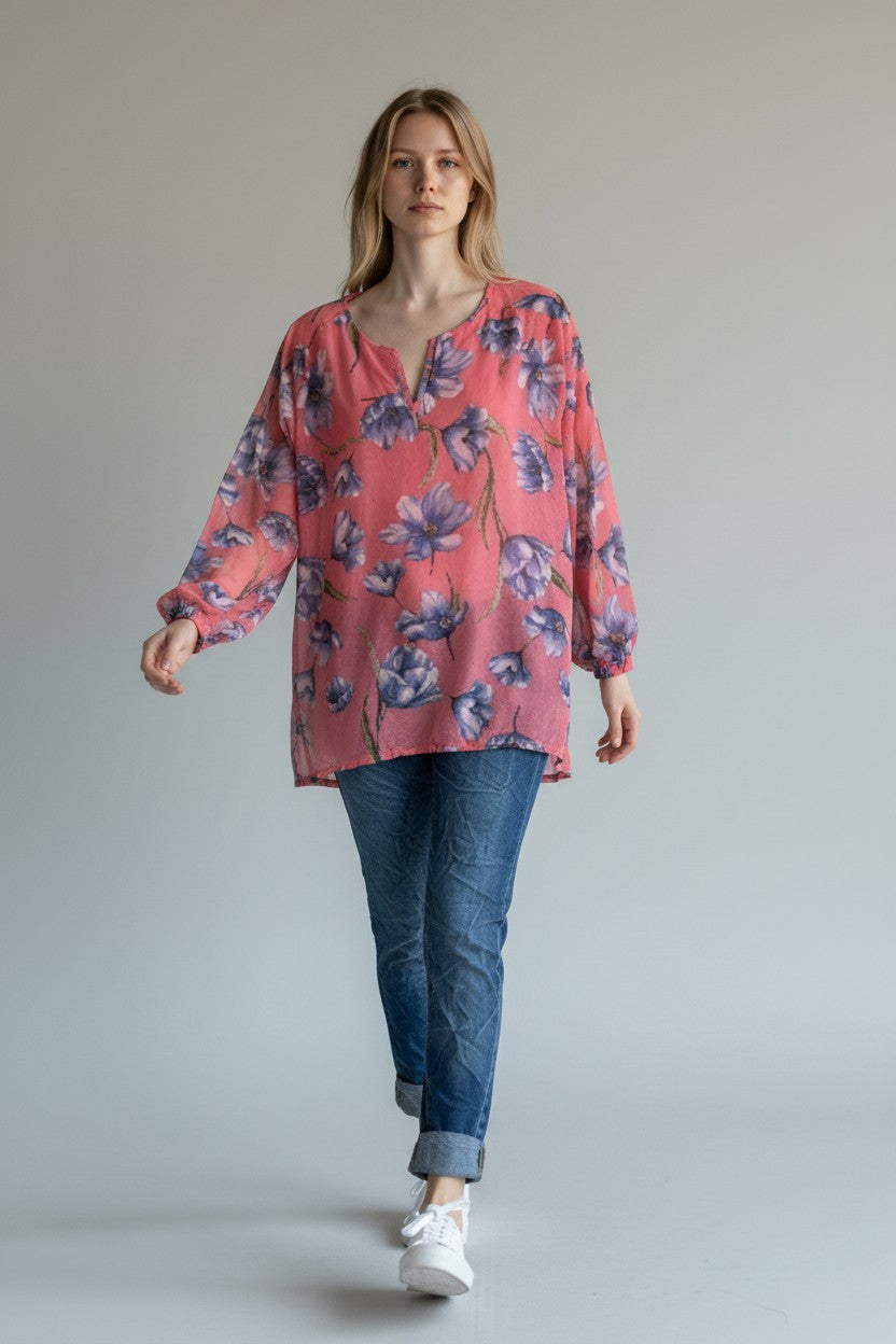 Made in Italy Cotton Floral Print Blouse