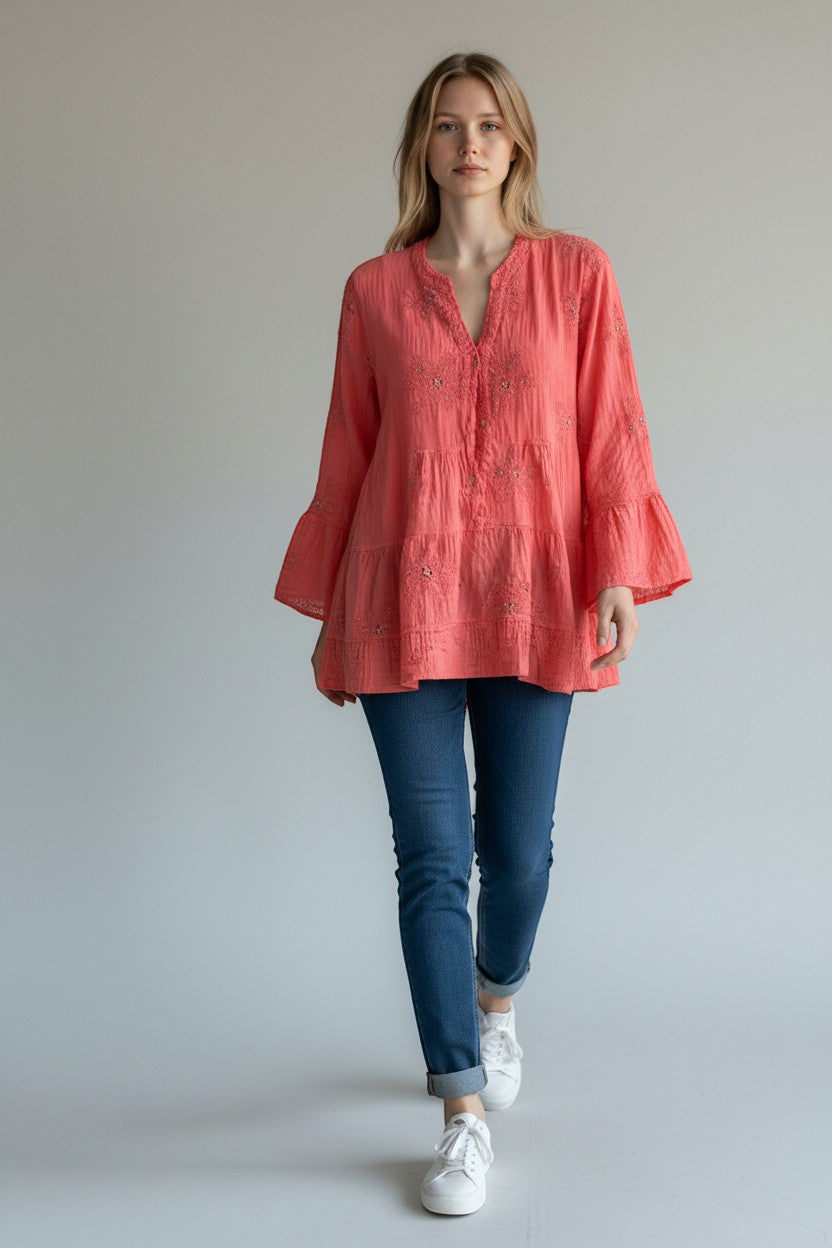 Made in Italy Waffle Cotton Embroided Smock Top