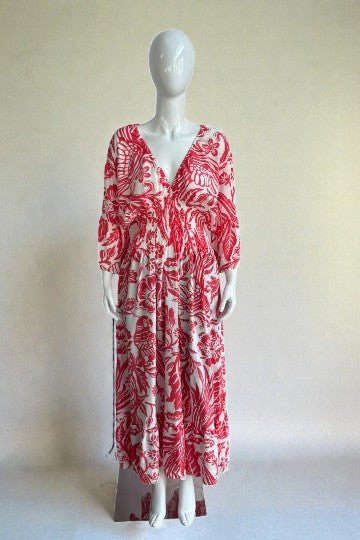 V- Neck Shirred Elastic Printed Dress