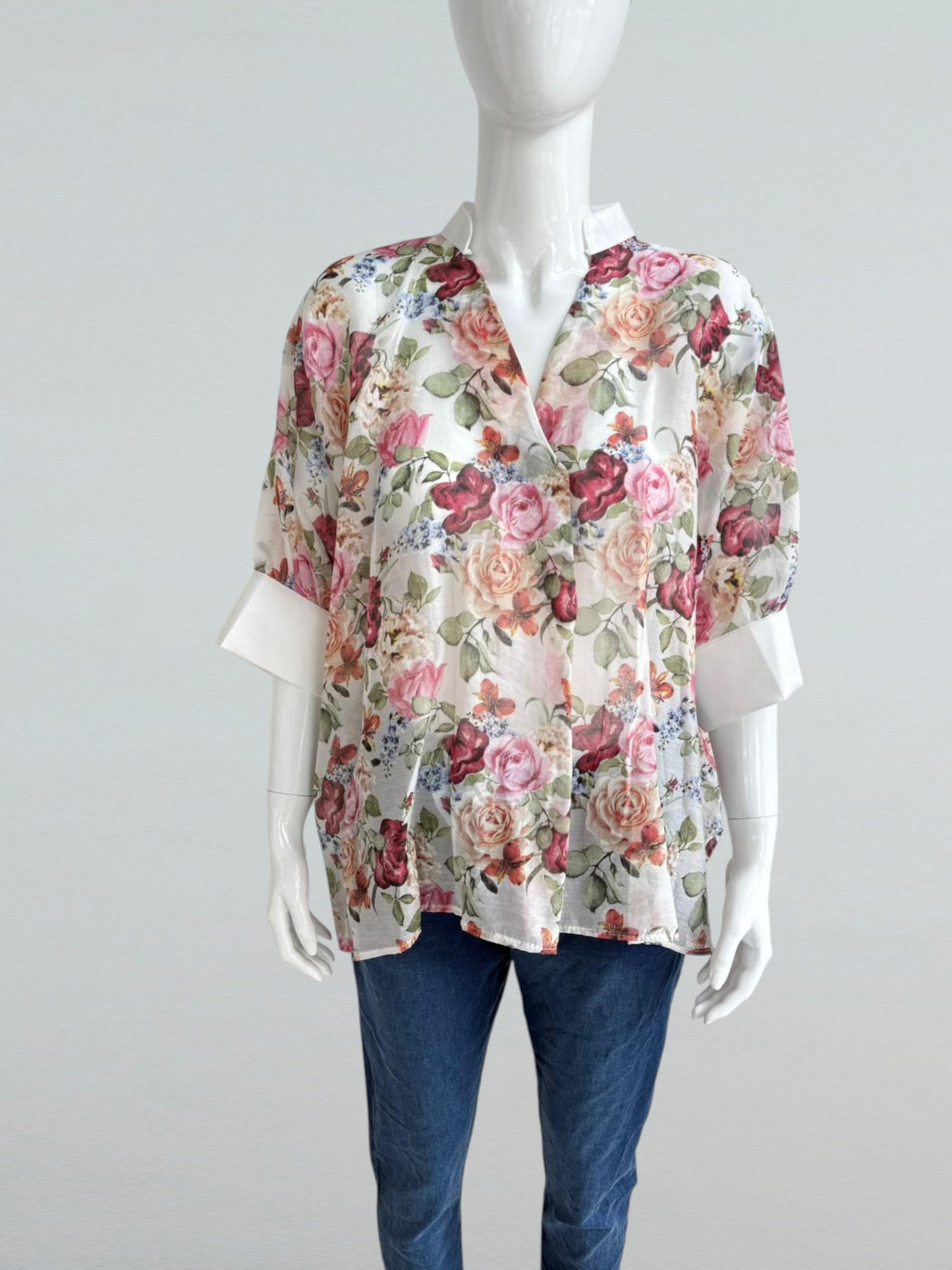 Floral Tencel Cuff Sleeve Top Lagenlook