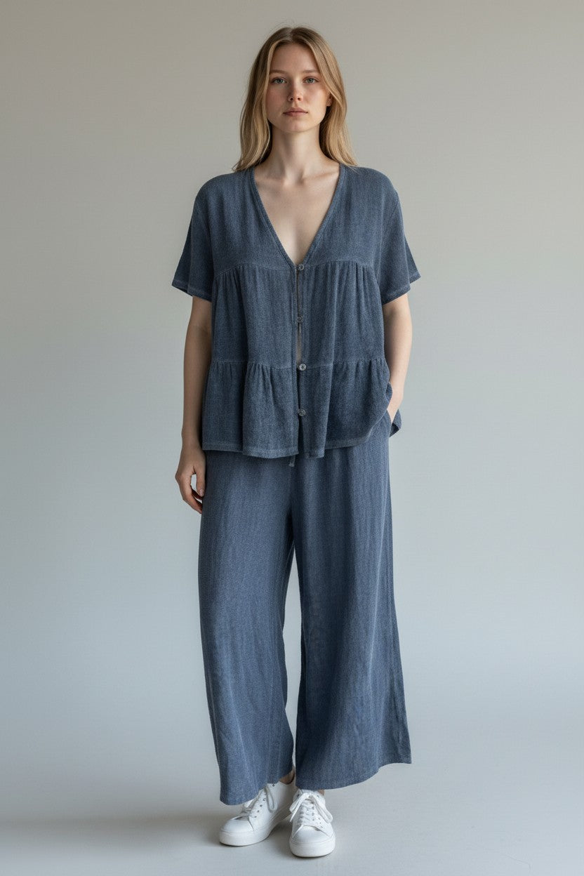 Linen Wide Leg Slant Hem Pant