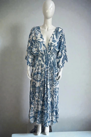 V- Neck Shirred Elastic Printed Dress