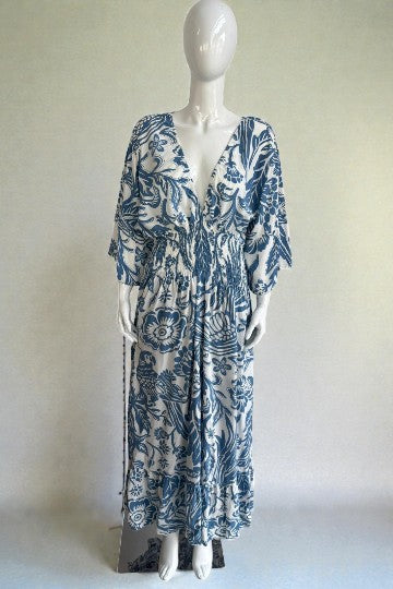 V- Neck Shirred Elastic Printed Dress