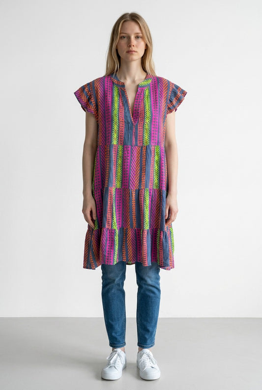 Waffle Cotton Printed Smock Dress