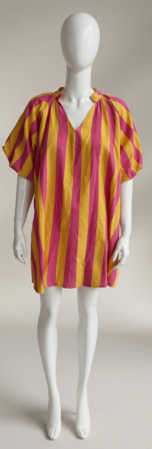 Stripe V Neck Balloon Sleeve Dress