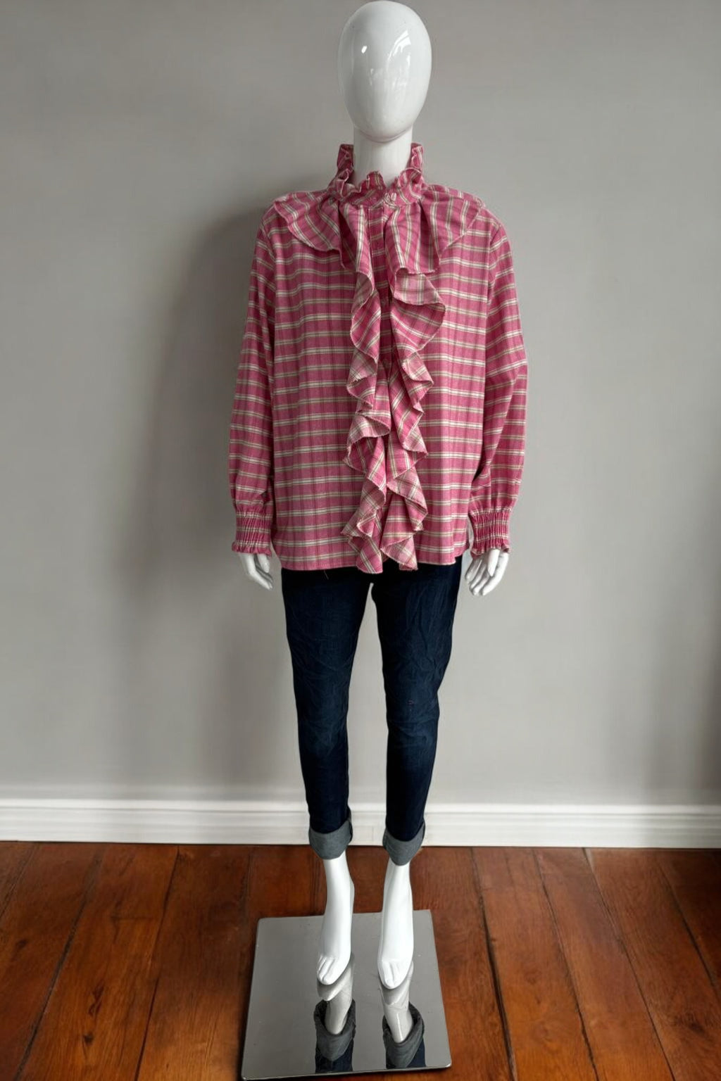 Made in Italy Cotton Plaid Frill Blouse