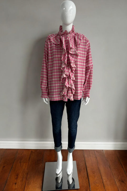 Made in Italy Cotton Plaid Frill Blouse
