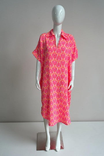 Cotton V Neck Printed Dress Lagenlook