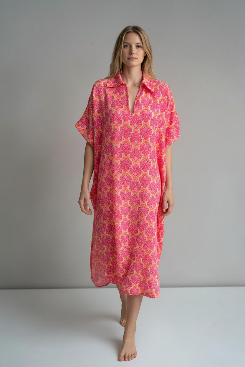 Cotton V Neck Printed Dress Lagenlook