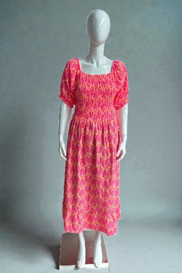 Shirred Elasticated Printed Waffle Cotton Bardot Dress