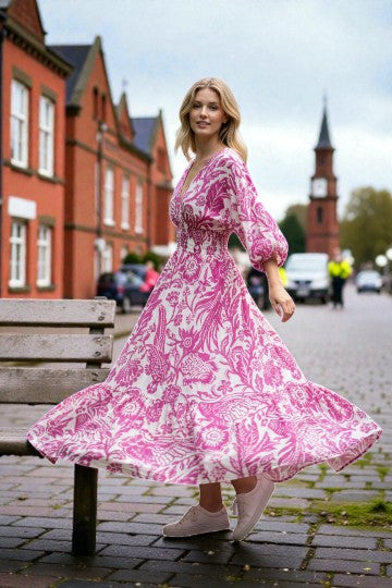 V- Neck Shirred Elastic Printed Dress