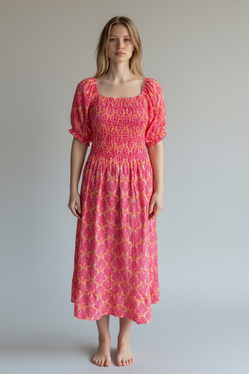 Shirred Elasticated Printed Waffle Cotton Bardot Dress