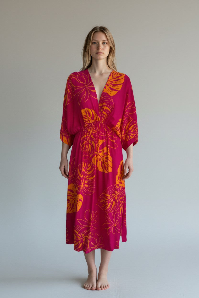 Made in Italy Tropical Leaf Print Dress Lagenlook