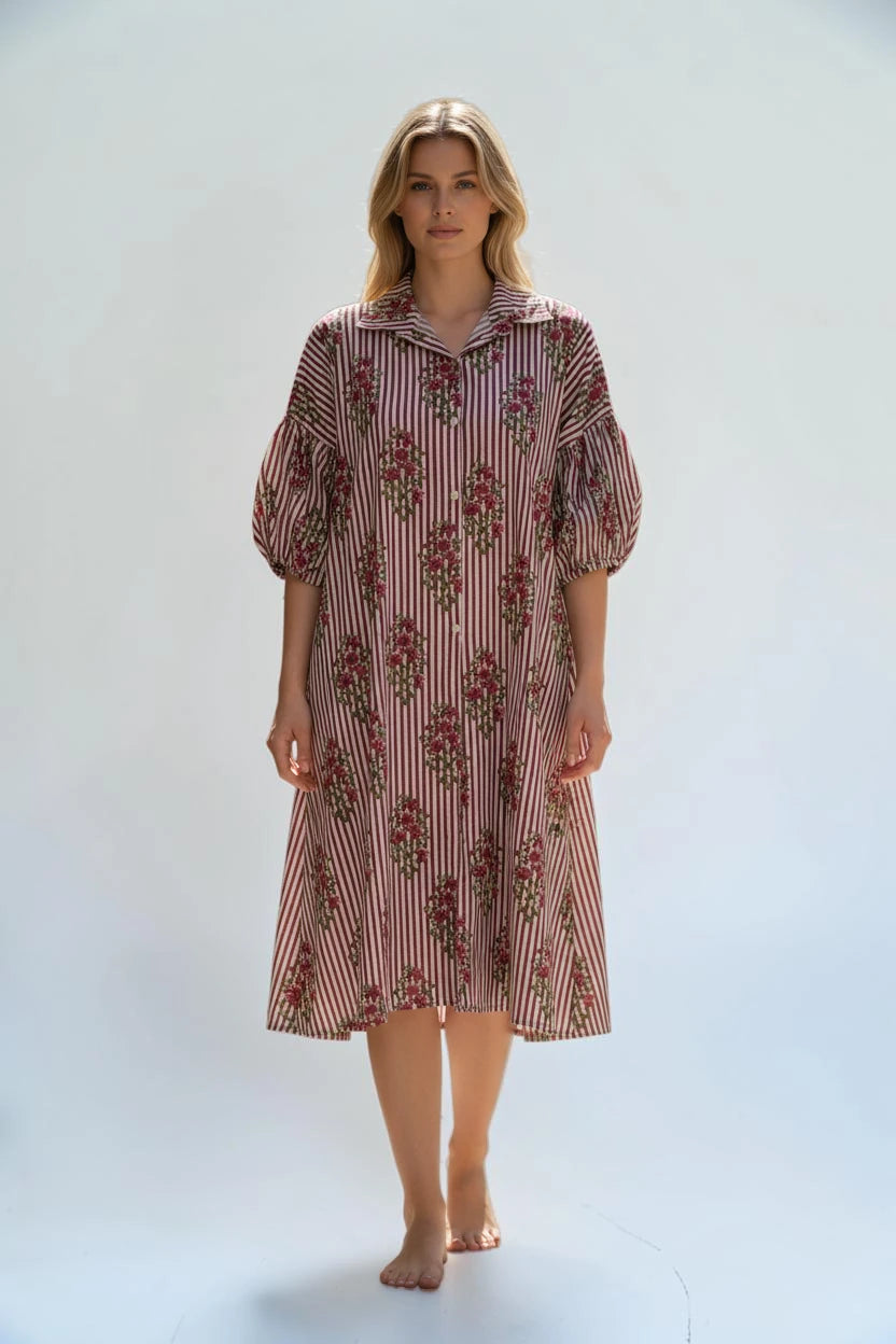 Cotton Puffball Sleeve stripe Floral Shirt Dress