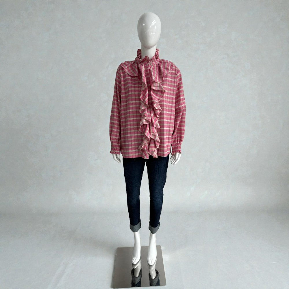 Made in Italy Cotton Plaid Frill Blouse
