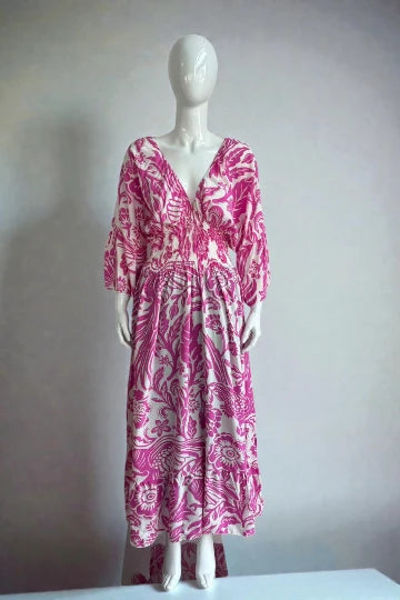 V- Neck Shirred Elastic Printed Dress