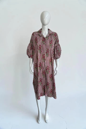Cotton Puffball Sleeve stripe Floral Shirt Dress