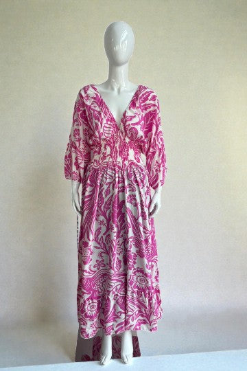 V- Neck Shirred Elastic Printed Dress