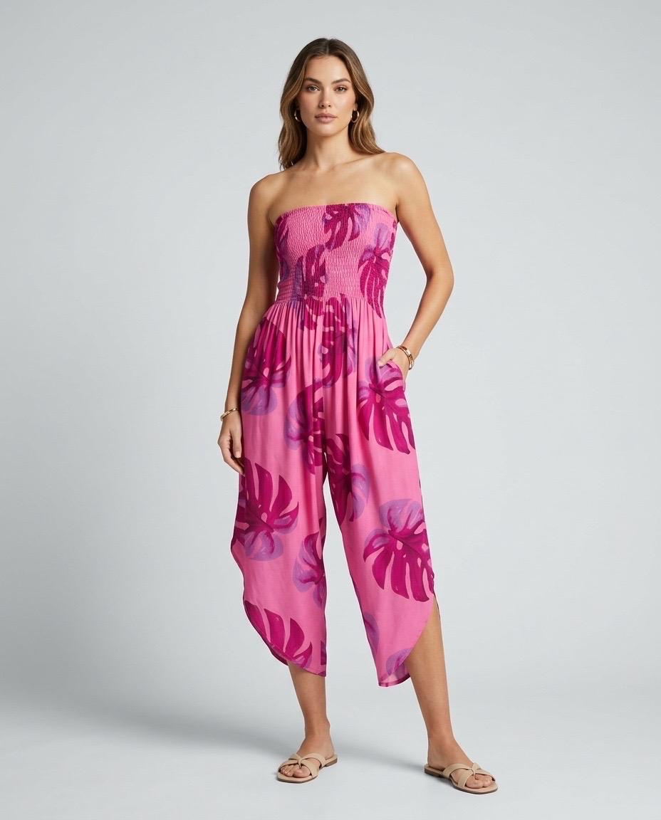 Shirred Elastic Bandeau Leaf Print Jumpsuit