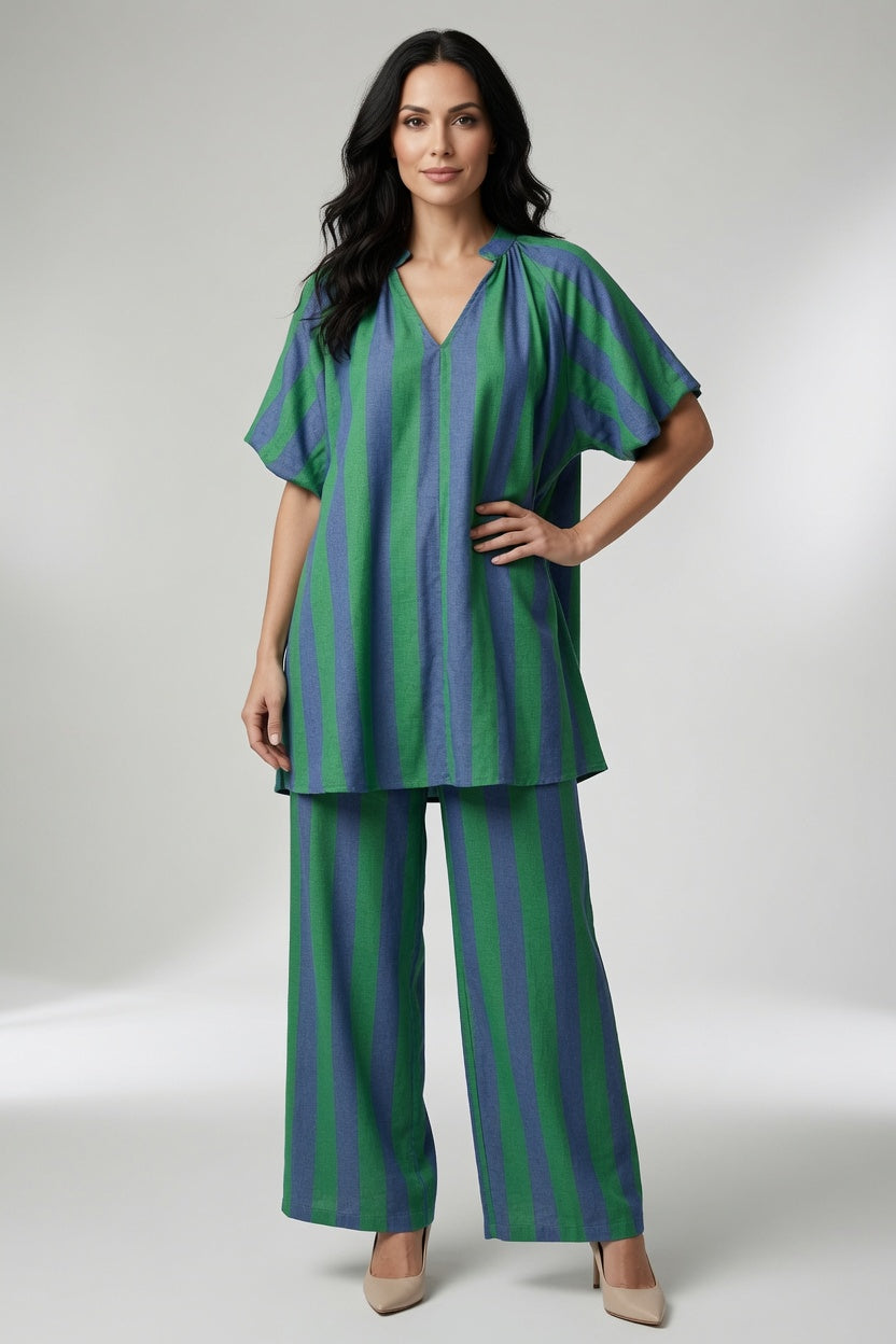 Stripe V Neck Balloon Sleeve Dress