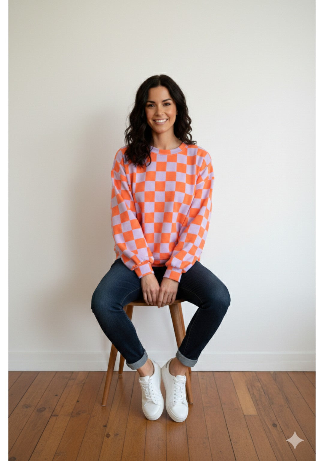 Made in Italy Balloon Sleeve Check Sweat Top