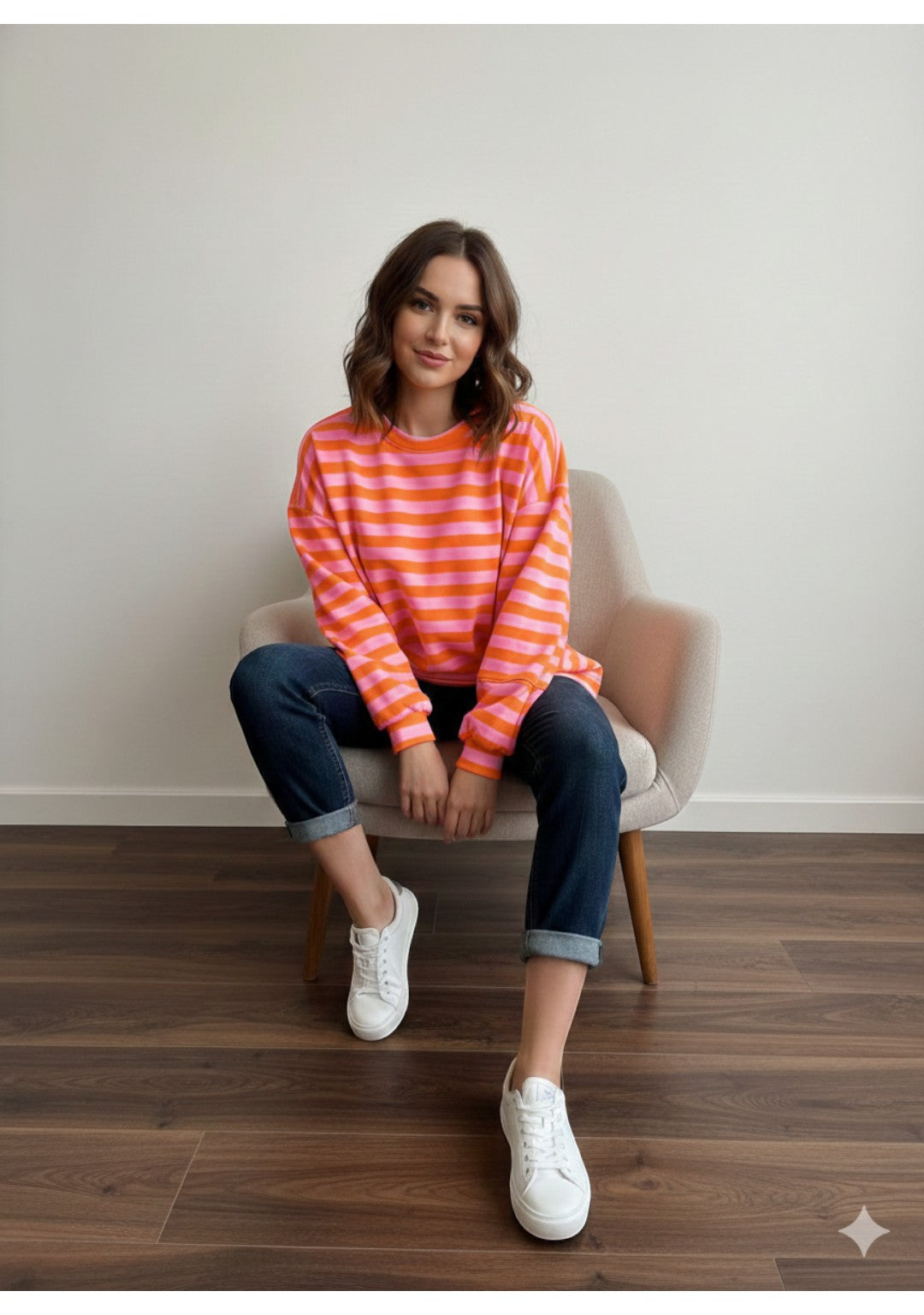 Made in Italy Balloon Sleeve Horizontal Stripe  Sweat Top