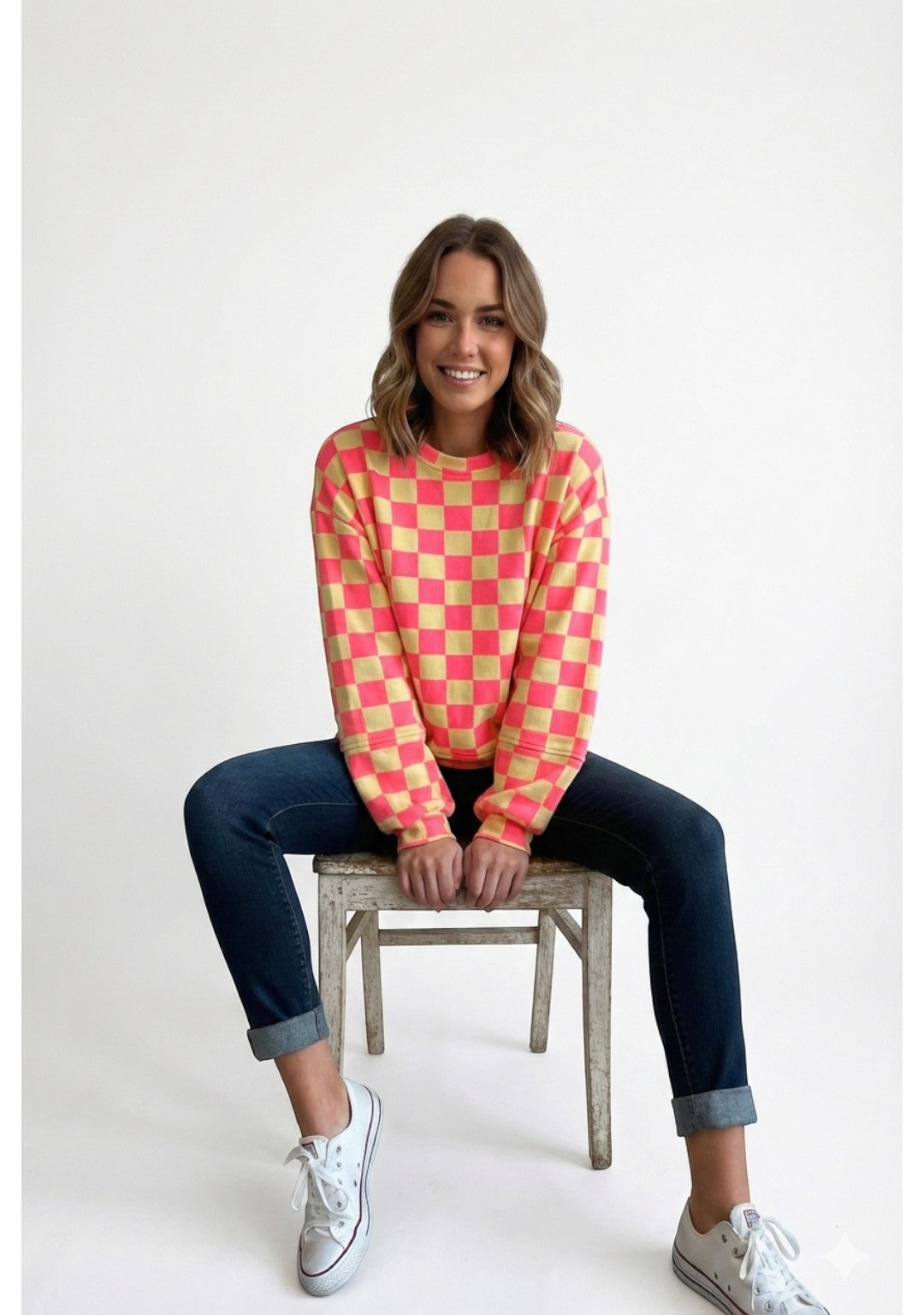 Made in Italy Balloon Sleeve Check Sweat Top