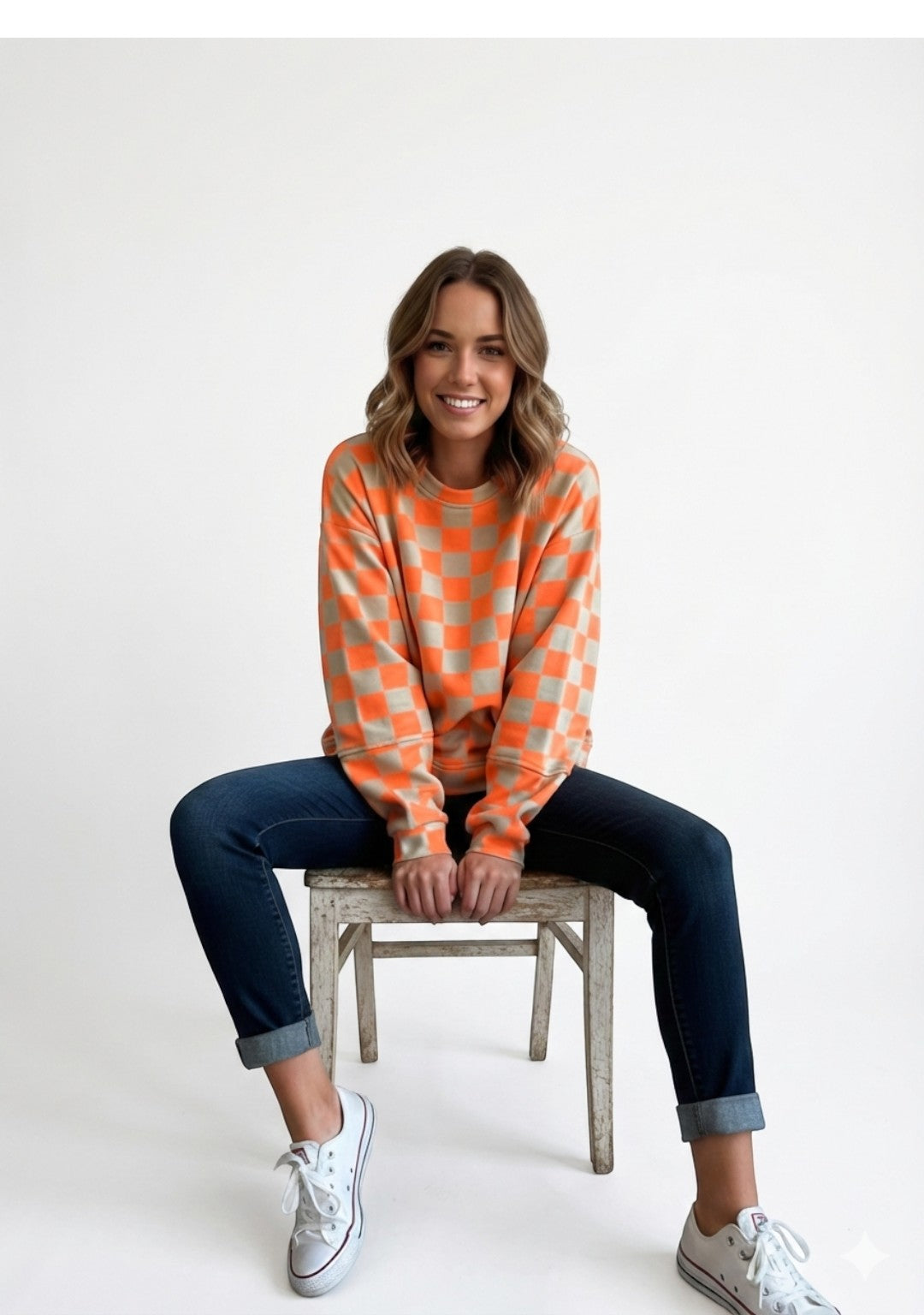 Made in Italy Balloon Sleeve Check Sweat Top