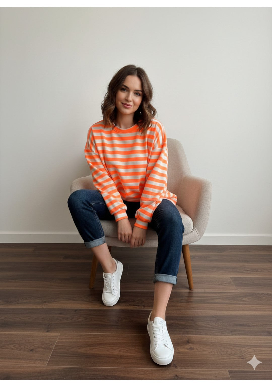 Made in Italy Balloon Sleeve Horizontal Stripe  Sweat Top