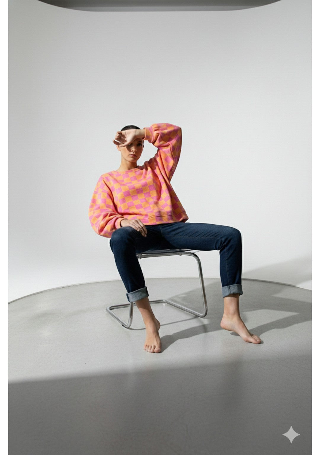 Made in Italy Balloon Sleeve Check Sweat Top