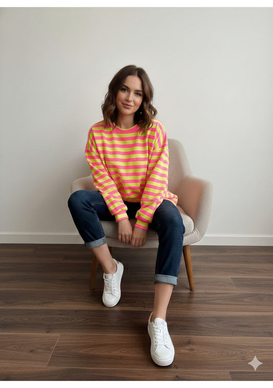 Made in Italy Balloon Sleeve Horizontal Stripe  Sweat Top