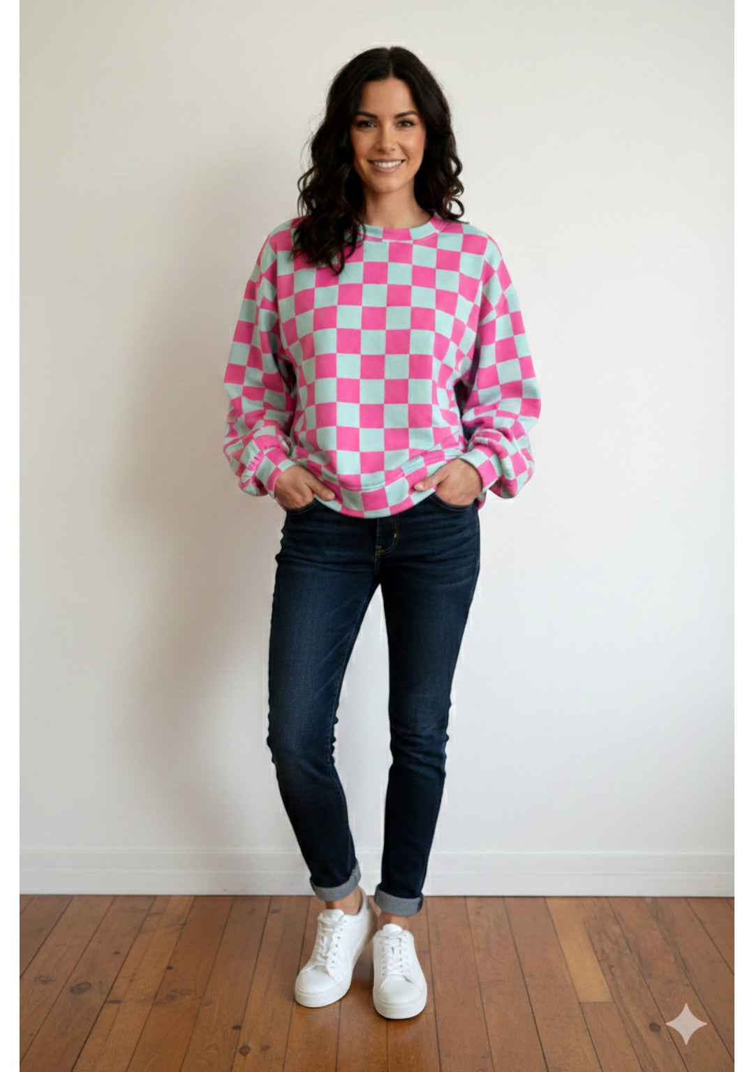 Made in Italy Balloon Sleeve Check Sweat Top