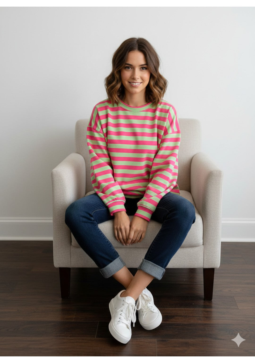 Made in Italy Balloon Sleeve Horizontal Stripe  Sweat Top