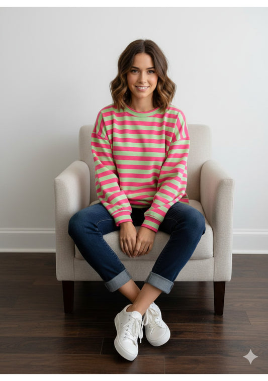 Made in Italy Balloon Sleeve Horizontal Stripe  Sweat Top