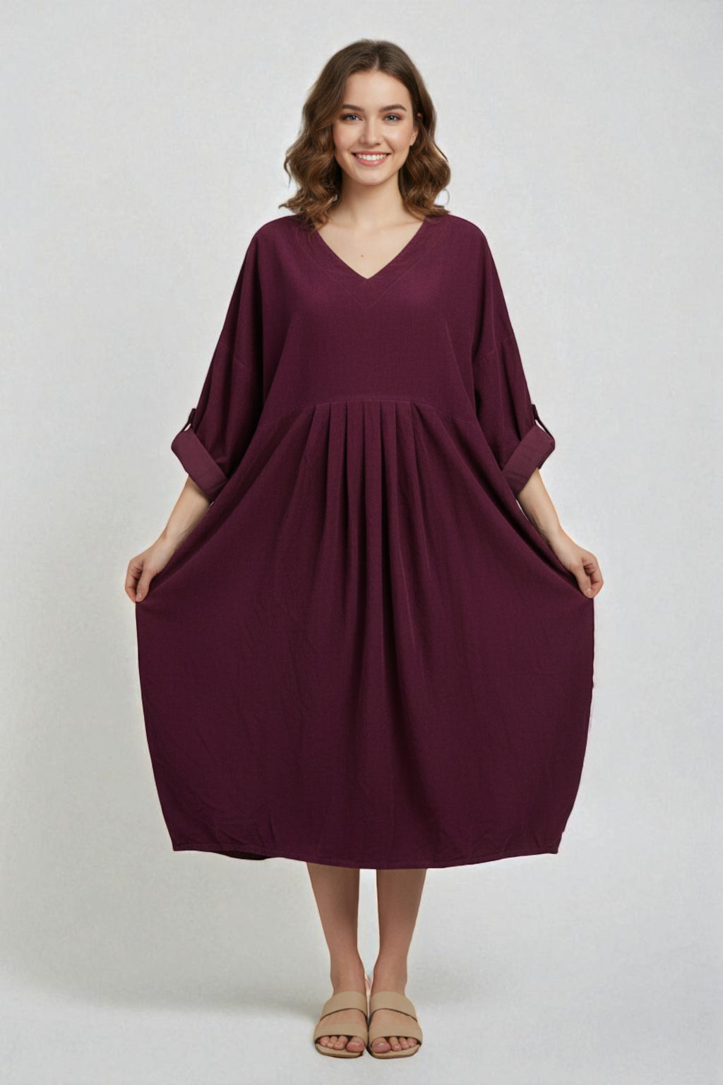 Made in Italy V Neck Corduroy Pleat Dress