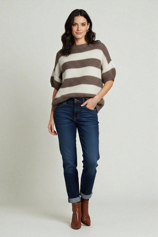 Chunky Knit Striped  Short Sleeve Sweater