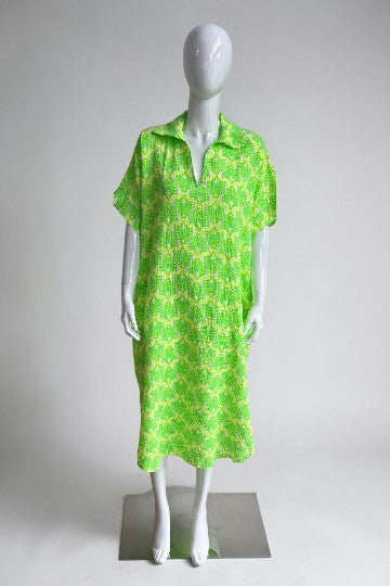 Cotton V Neck Printed Dress Lagenlook