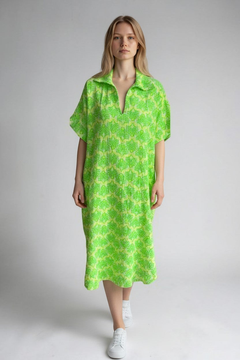 Cotton V Neck Printed Dress Lagenlook